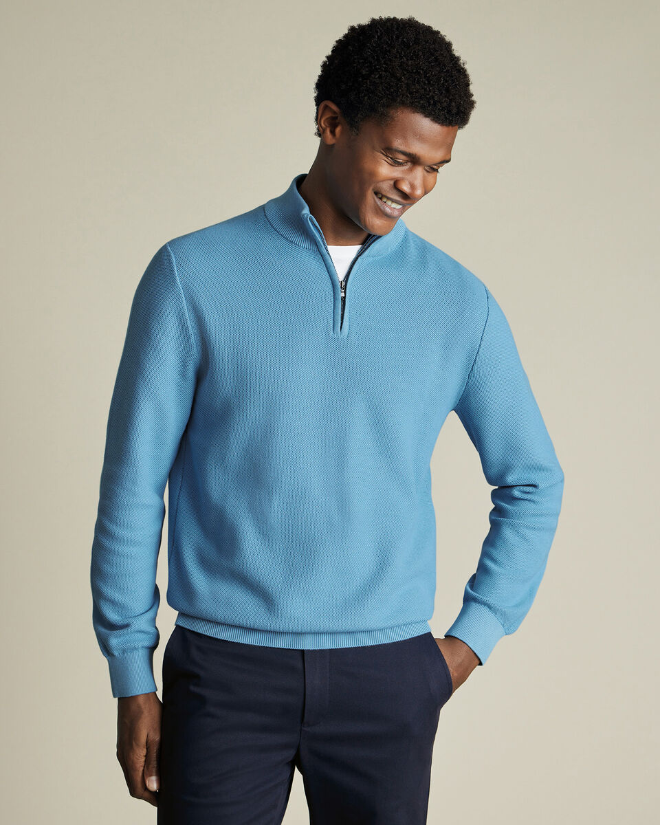 Honeycomb Cotton Quarter Zip Sweater - Ocean Blue