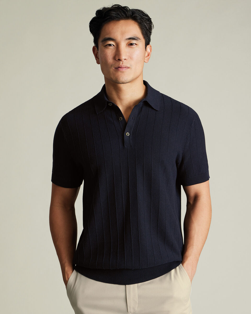 Cotton Textured Knitted Polo - Navy