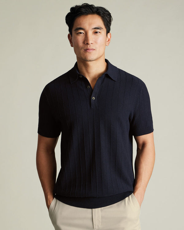 Cotton Textured Knitted Polo - Navy