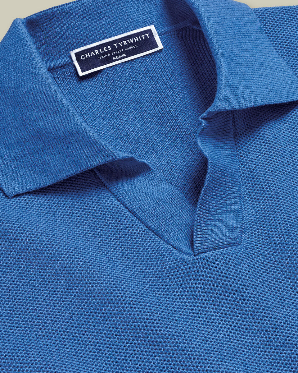 Honeycomb Cotton Trophy Neck Sweater - Mid Blue