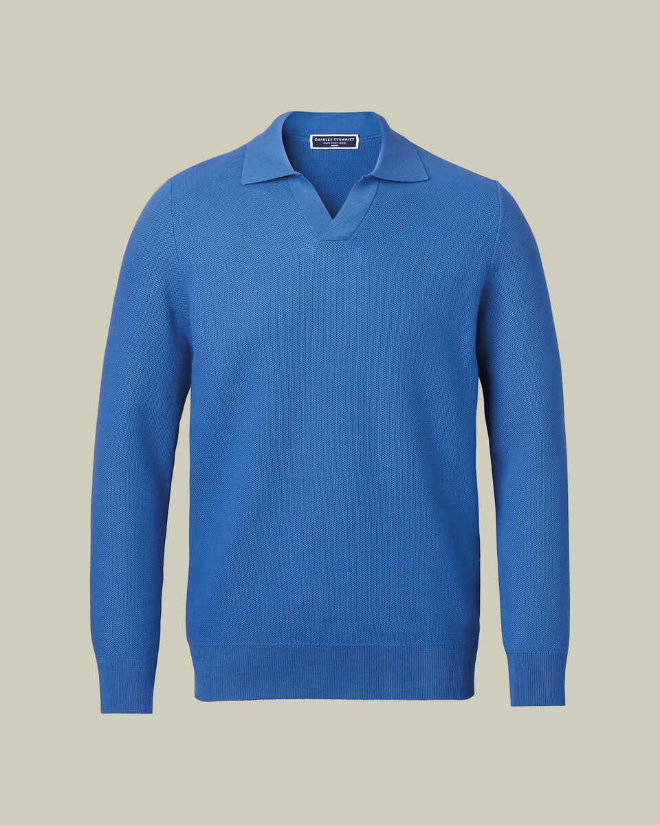 Honeycomb Cotton Trophy Neck Sweater - Mid Blue
