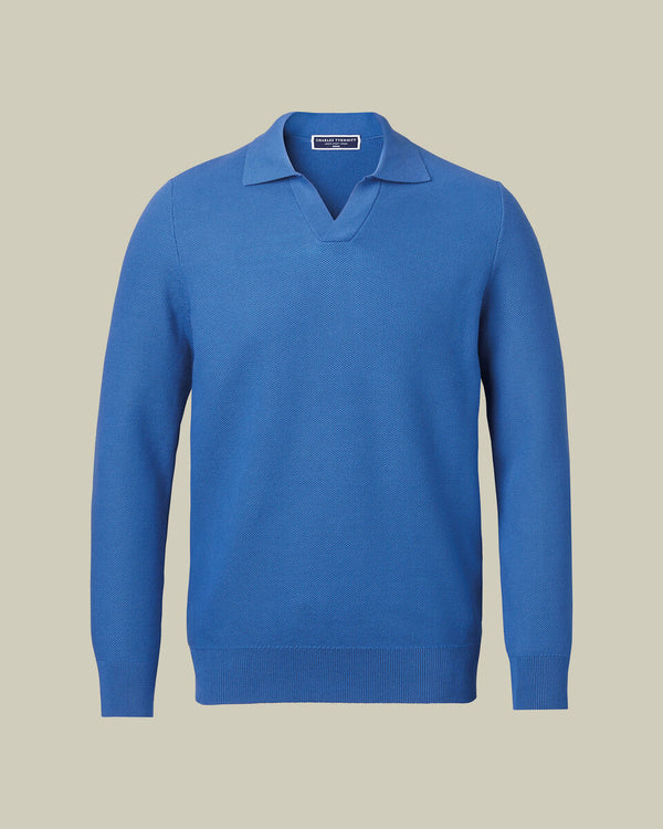 Honeycomb Cotton Trophy Neck Sweater - Mid Blue