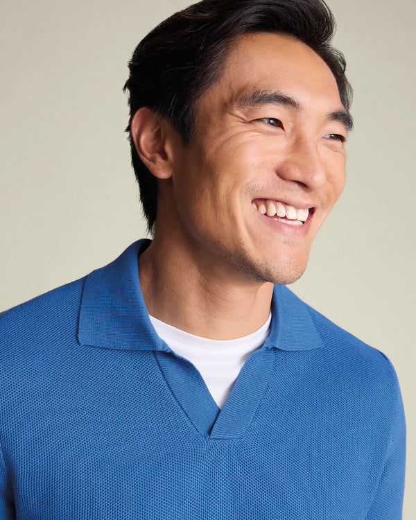 Honeycomb Cotton Trophy Neck Sweater - Mid Blue