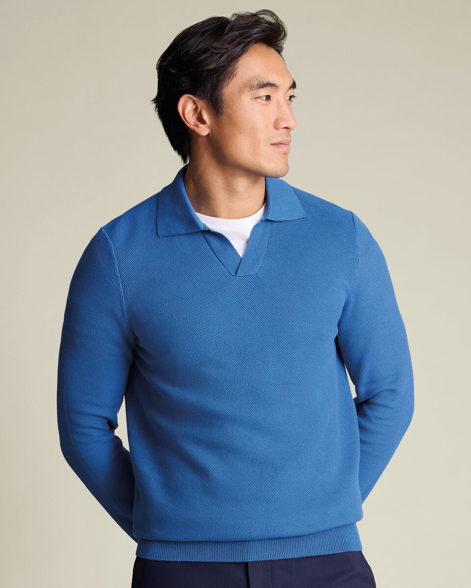 Honeycomb Cotton Trophy Neck Sweater - Mid Blue