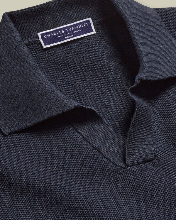 Honeycomb Cotton Trophy Neck Sweater - Navy
