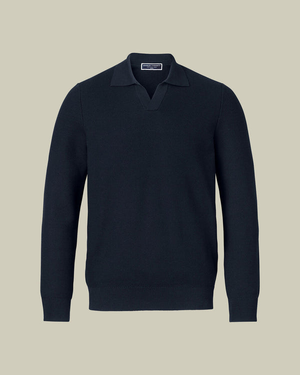 Honeycomb Cotton Trophy Neck Sweater - Navy