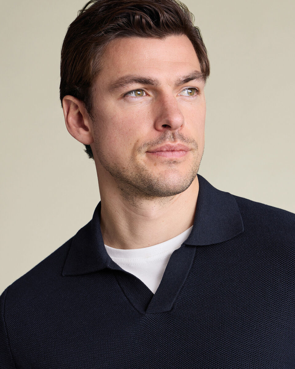 Honeycomb Cotton Trophy Neck Sweater - Navy