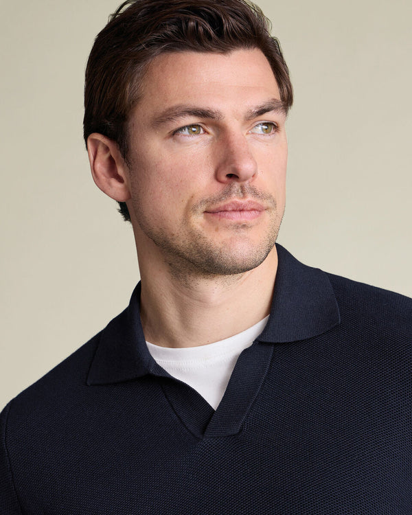 Honeycomb Cotton Trophy Neck Sweater - Navy