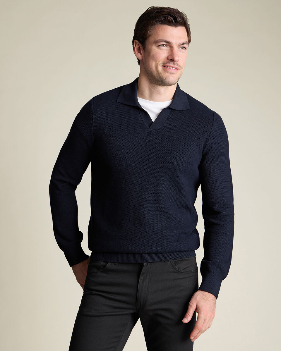 Honeycomb Cotton Trophy Neck Sweater - Navy Main image