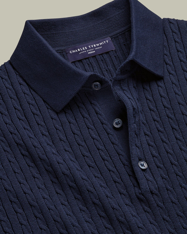 Cotton Cable Knitted Polo – Indigo Blue