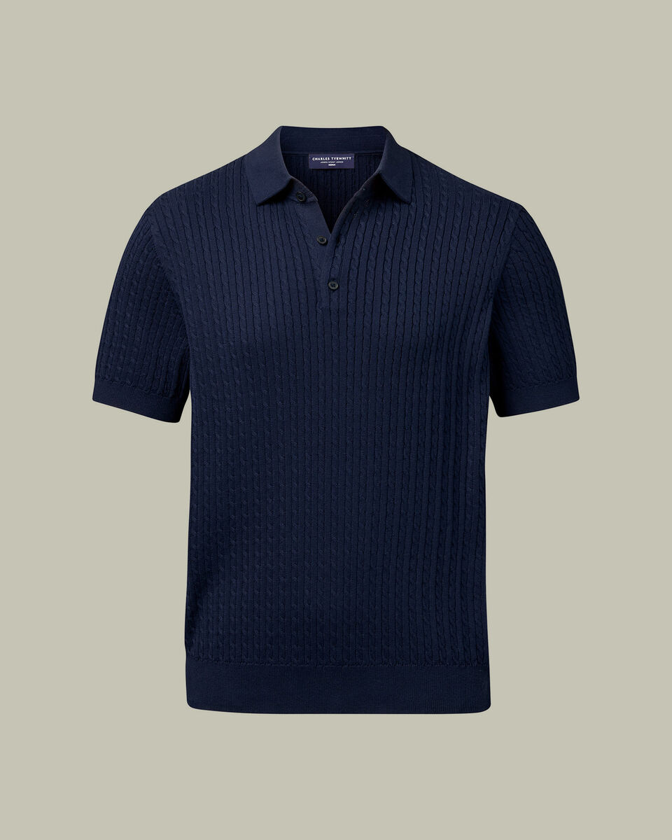 Cotton Cable Knitted Polo – Indigo Blue