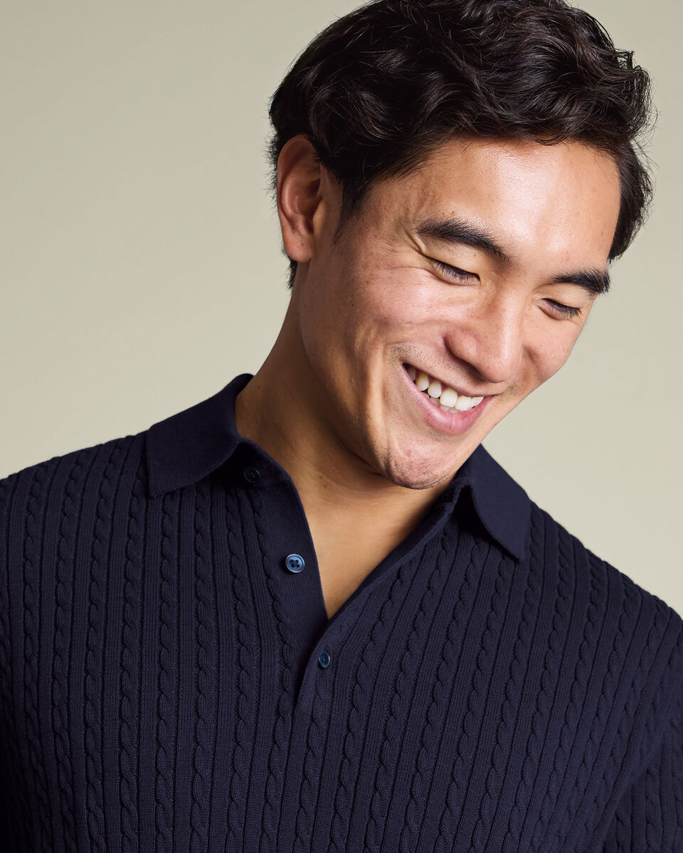 Cotton Cable Knitted Polo – Indigo Blue