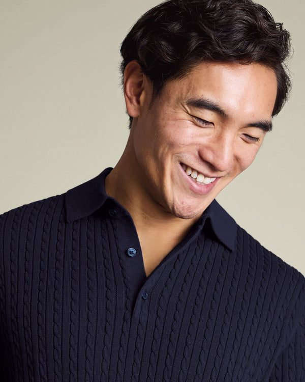 Cotton Cable Knitted Polo – Indigo Blue
