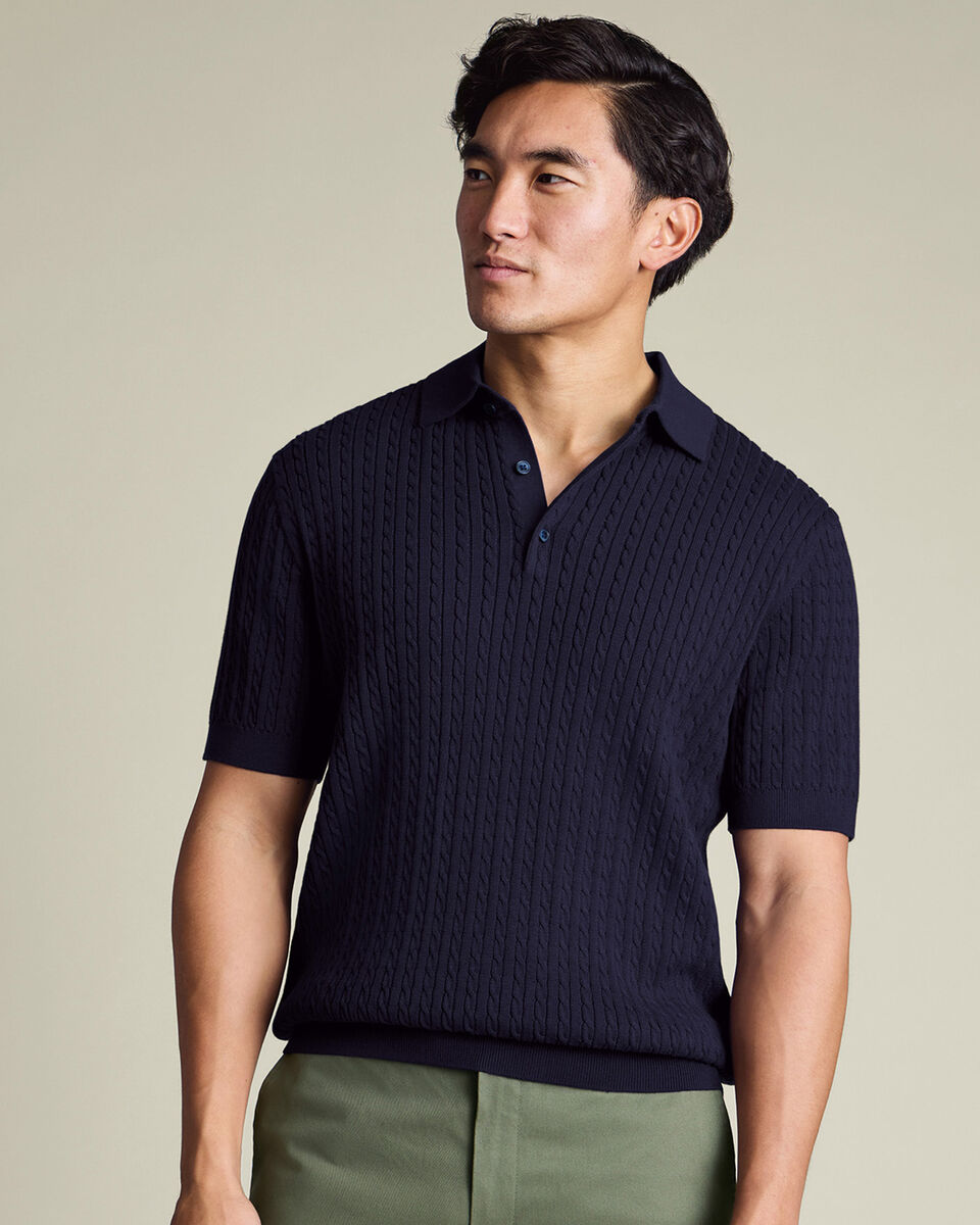 Cotton Cable Knitted Polo – Indigo Blue