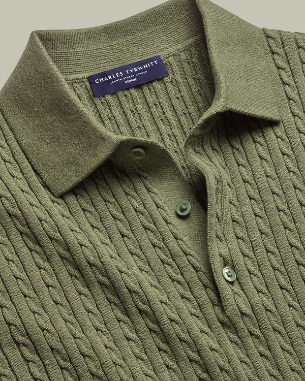 Cotton Cable Knitted Polo – Sage Green