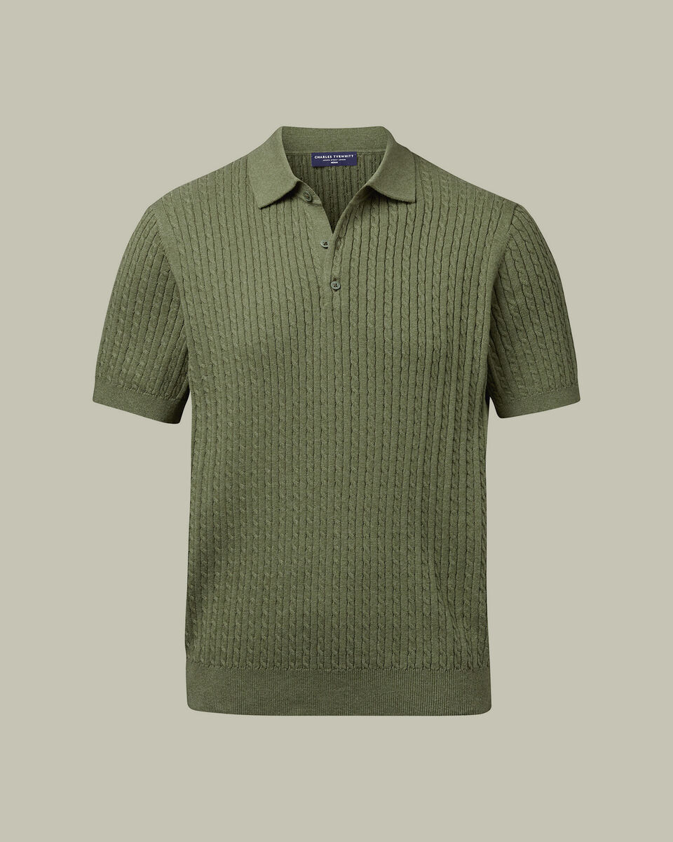 Cotton Cable Knitted Polo – Sage Green