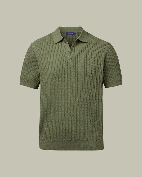 Cotton Cable Knitted Polo – Sage Green