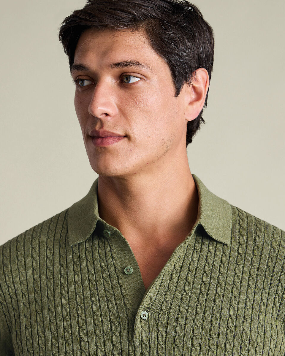 Cotton Cable Knitted Polo – Sage Green
