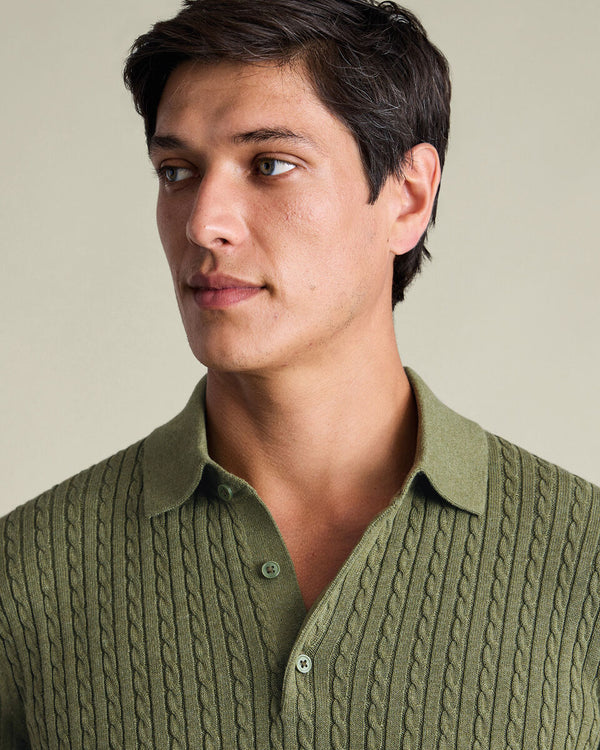Cotton Cable Knitted Polo – Sage Green
