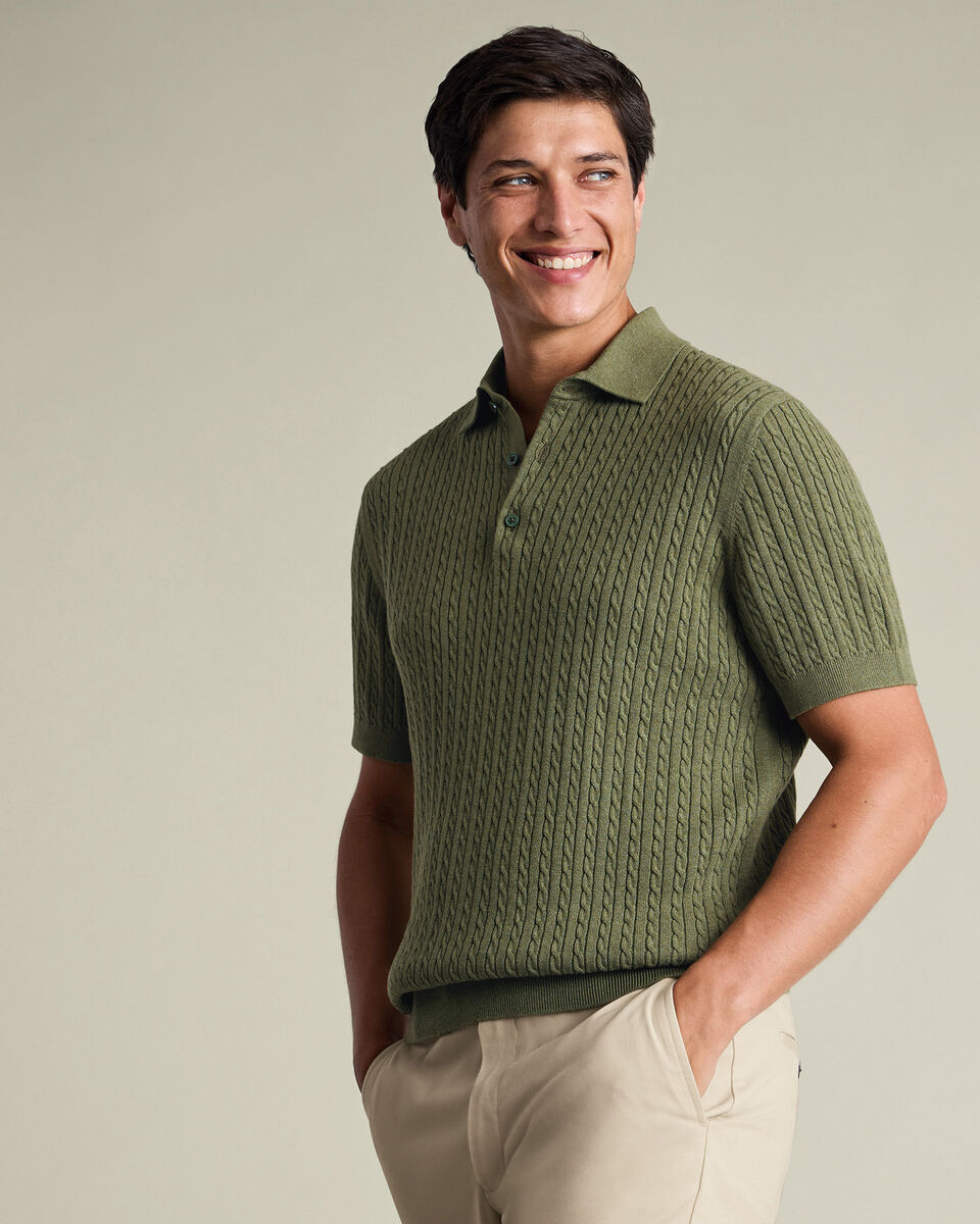 Cotton Cable Knitted Polo – Sage Green