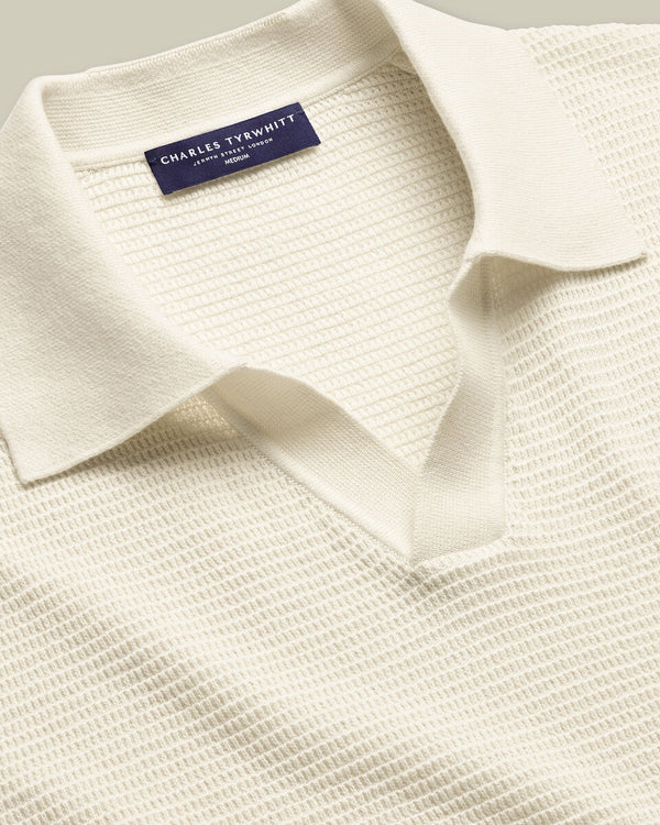 Cotton Texture Trophy Neck Knitted Polo – Cream