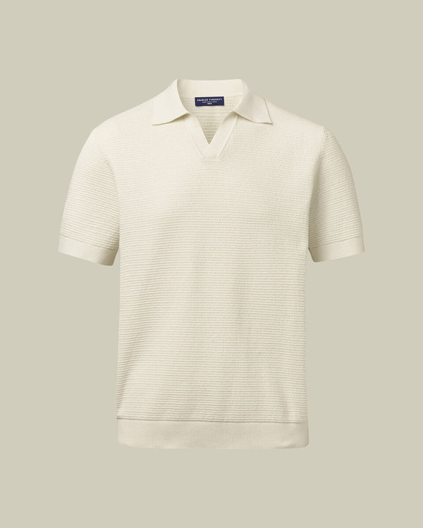 Cotton Texture Trophy Neck Knitted Polo – Cream