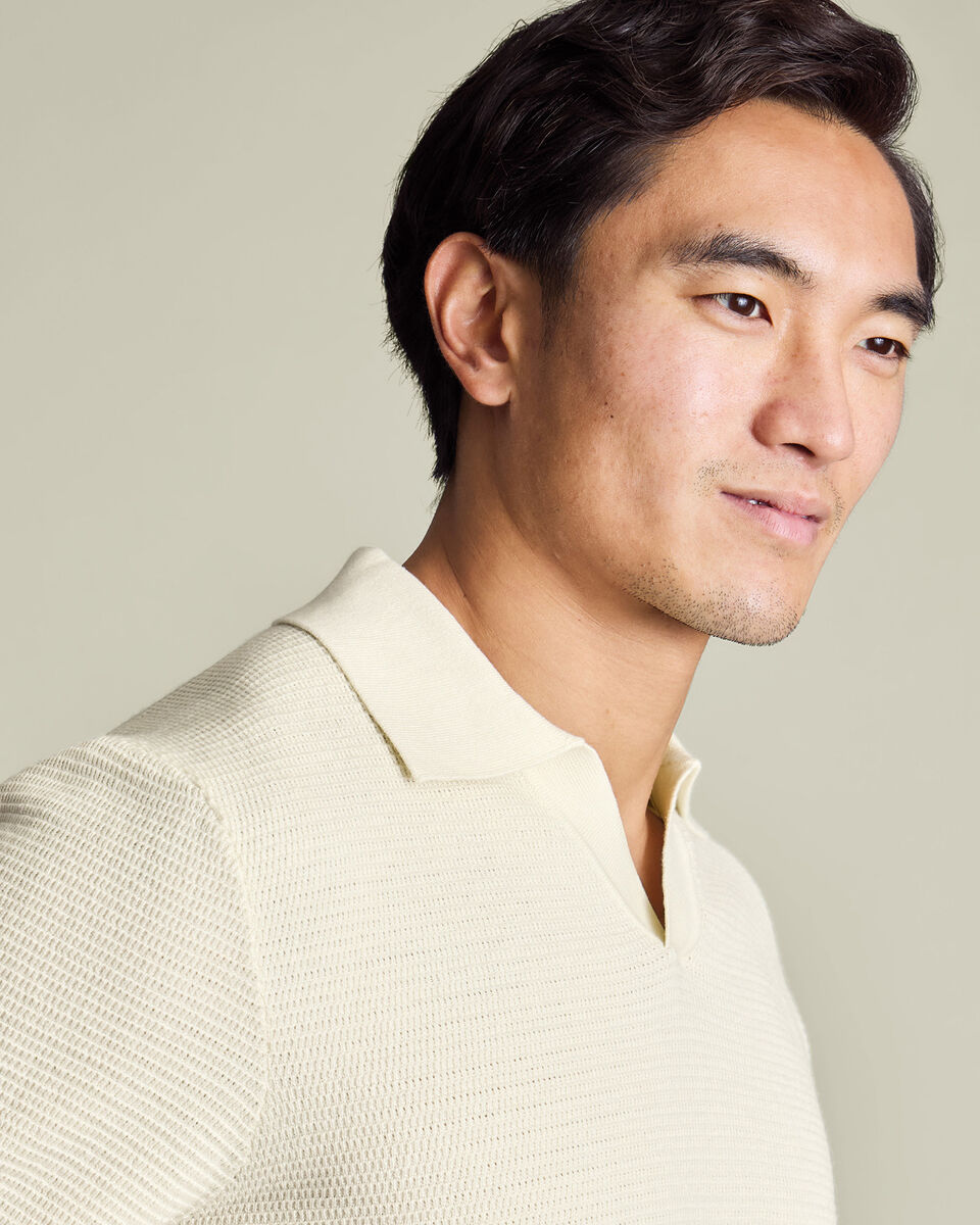 Cotton Texture Trophy Neck Knitted Polo – Cream