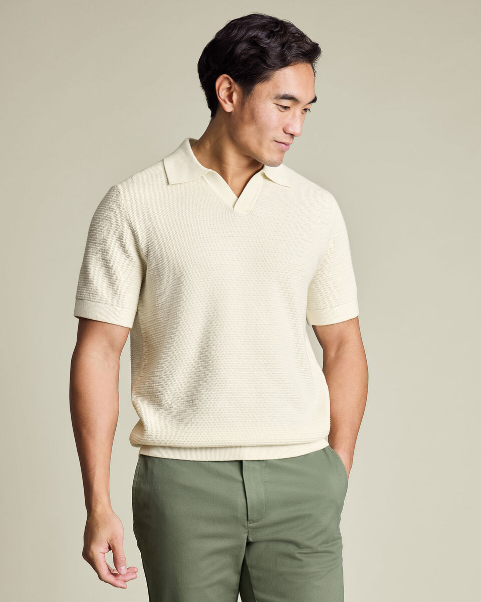 Cotton Texture Trophy Neck Knitted Polo – Cream Main image