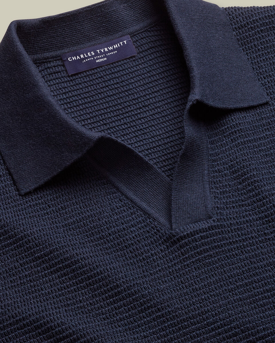 Cotton Texture Trophy Neck Knitted Polo – Navy