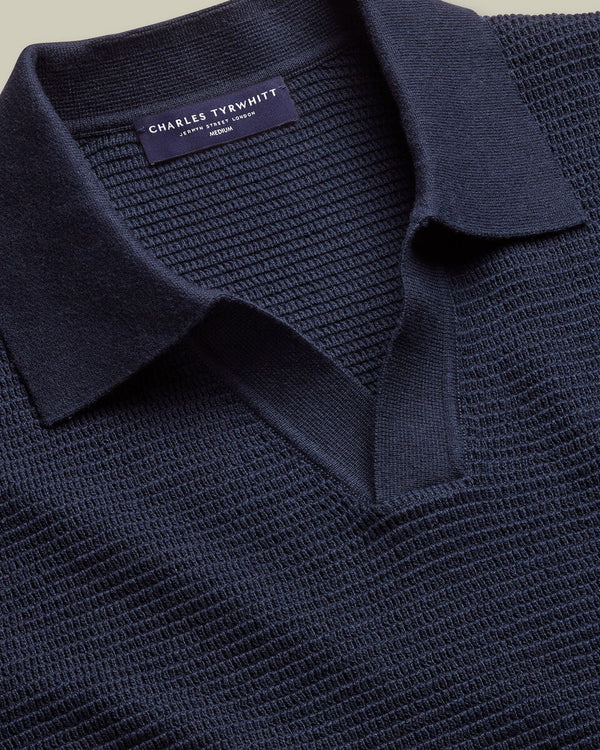 Cotton Texture Trophy Neck Knitted Polo – Navy