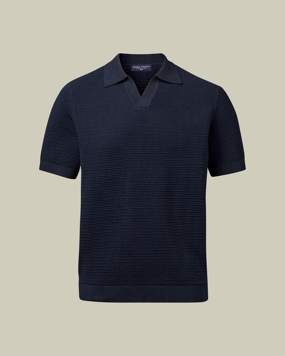 Cotton Texture Trophy Neck Knitted Polo – Navy