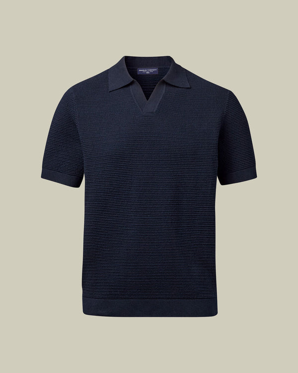 Cotton Texture Trophy Neck Knitted Polo – Navy