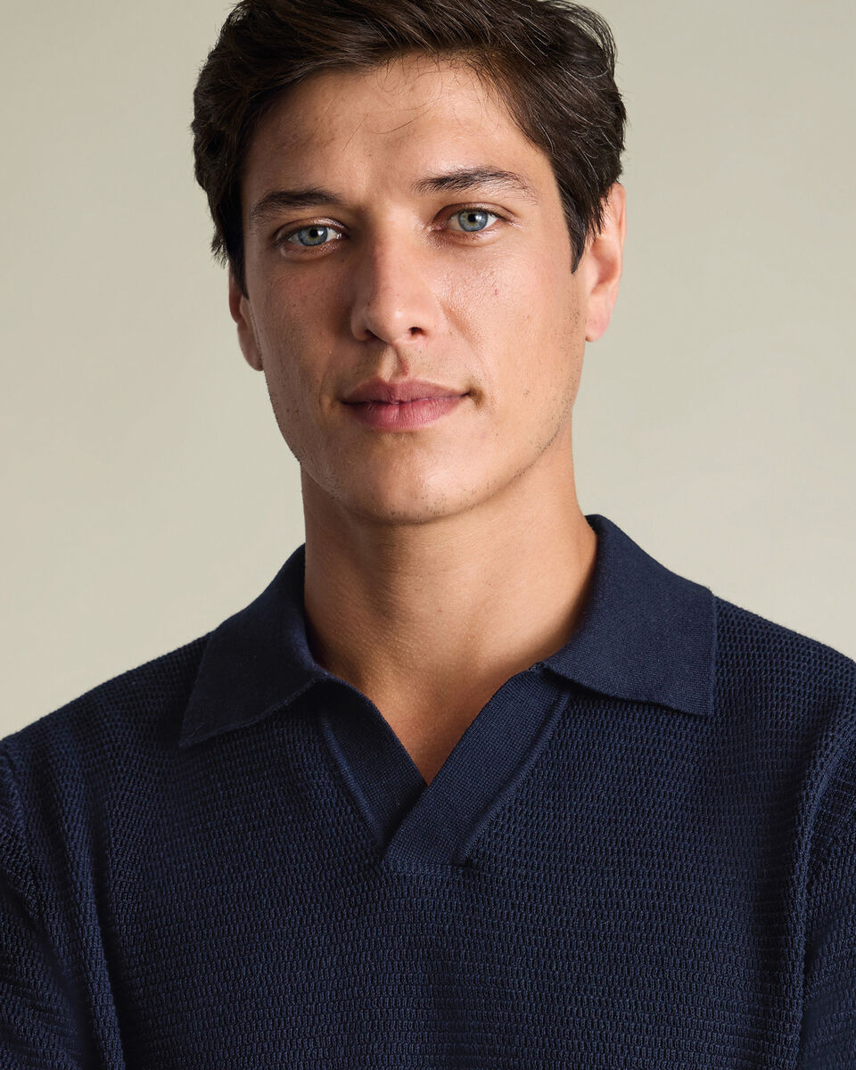 Cotton Texture Trophy Neck Knitted Polo – Navy