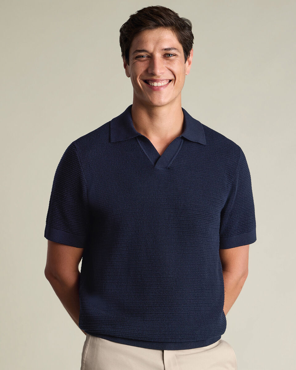 Cotton Texture Trophy Neck Knitted Polo – Navy Main image