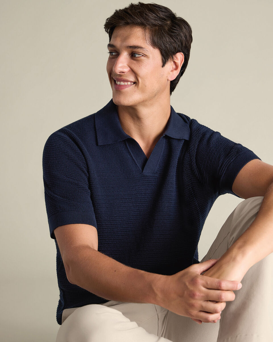 Cotton Texture Trophy Neck Knitted Polo – Navy