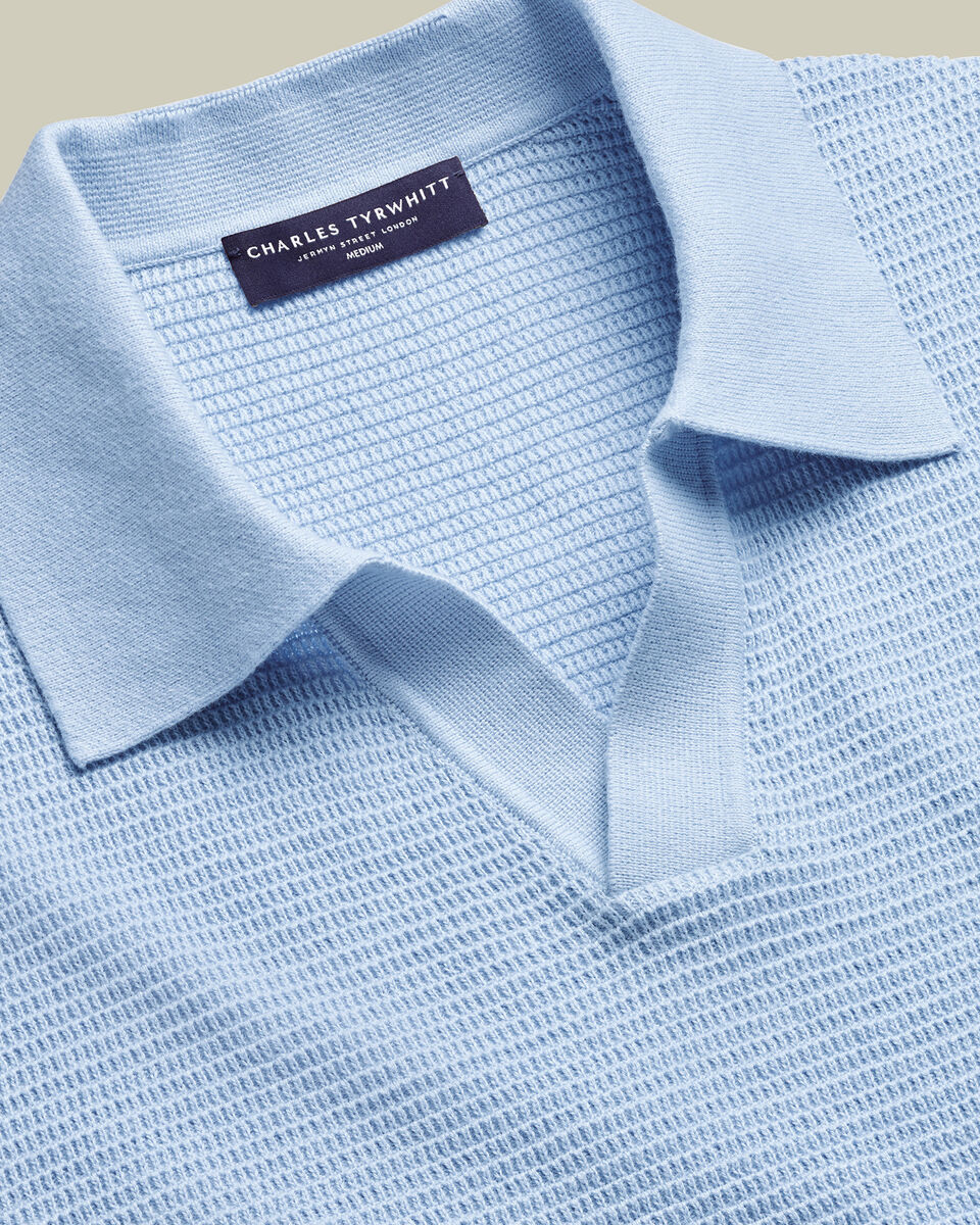 Cotton Texture Trophy Neck Knitted Polo – Sky Blue
