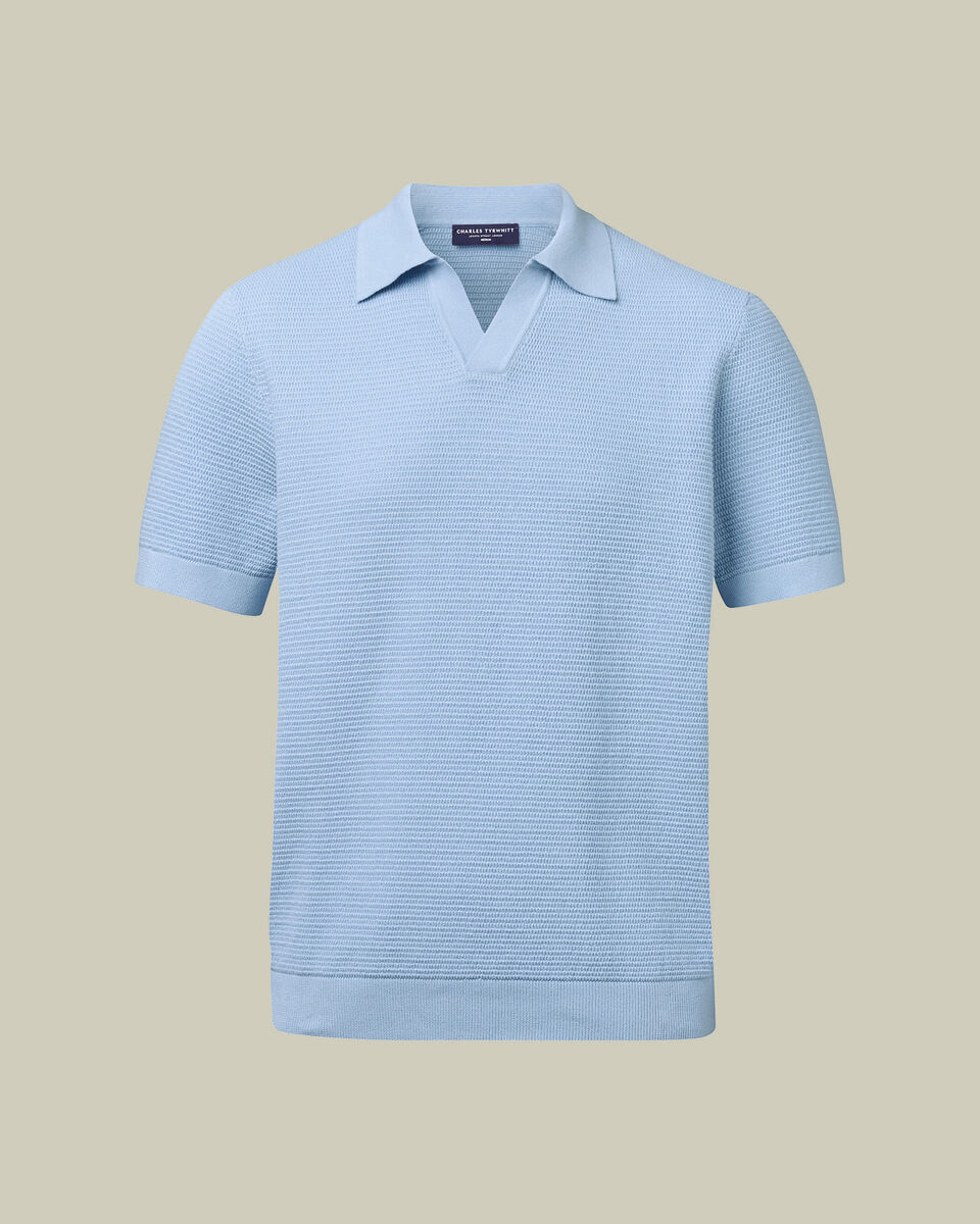 Cotton Texture Trophy Neck Knitted Polo – Sky Blue