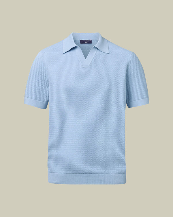 Cotton Texture Trophy Neck Knitted Polo – Sky Blue