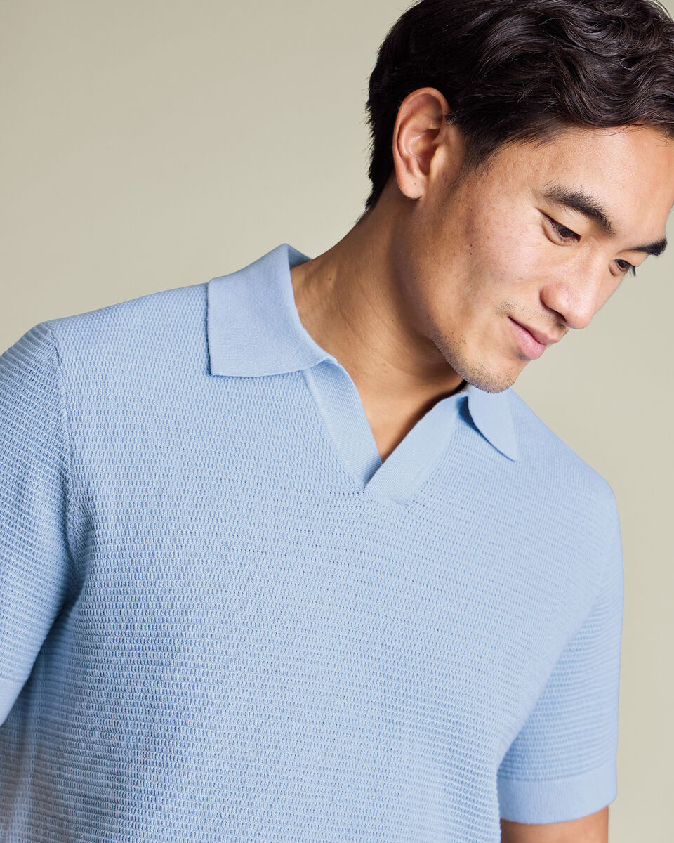 Cotton Texture Trophy Neck Knitted Polo – Sky Blue