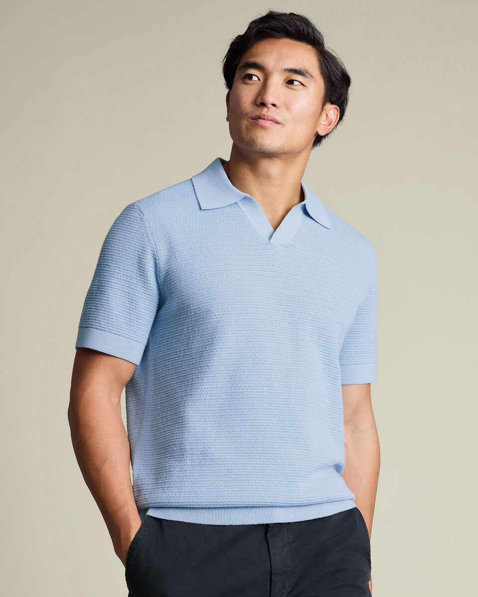 Cotton Texture Trophy Neck Knitted Polo – Sky Blue