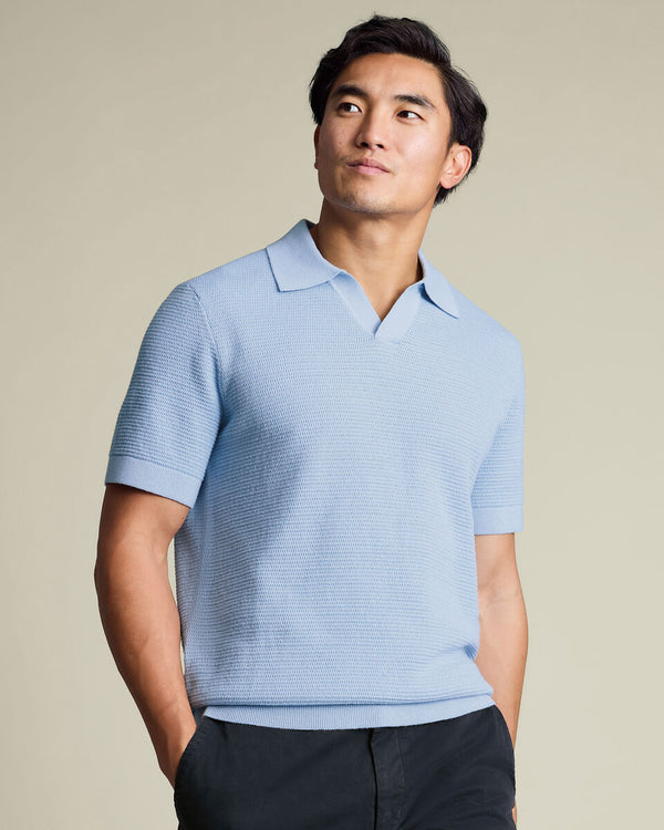 Cotton Texture Trophy Neck Knitted Polo – Sky Blue