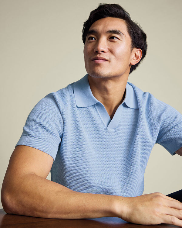 Cotton Texture Trophy Neck Knitted Polo – Sky Blue