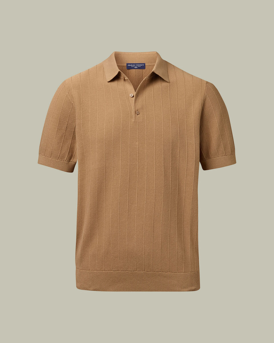 Cotton Stripe Texture Knitted Polo – Camel
