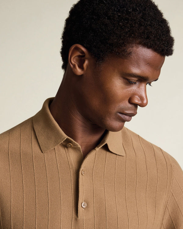 Cotton Stripe Texture Knitted Polo – Camel