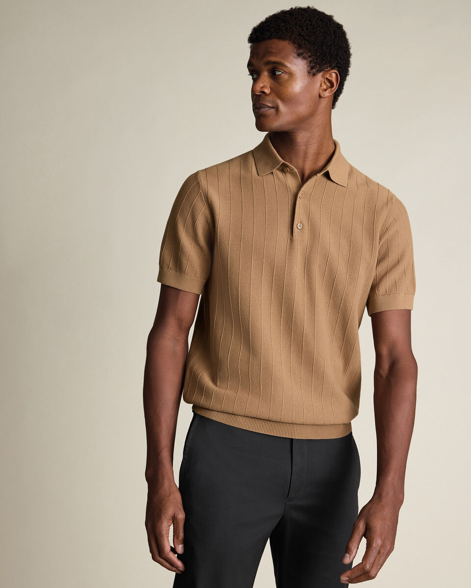 Cotton Stripe Texture Knitted Polo – Camel Main image