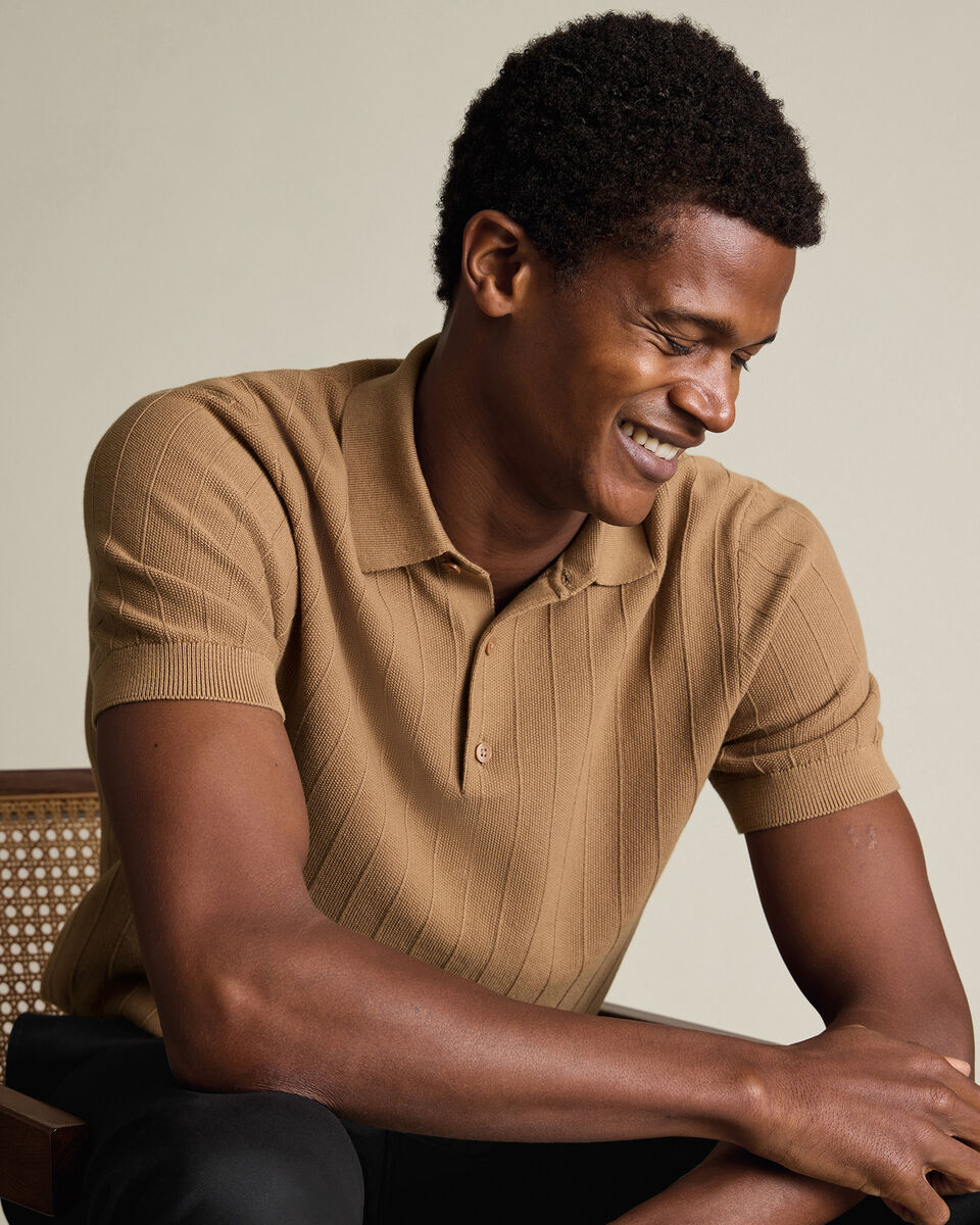 Cotton Stripe Texture Knitted Polo – Camel