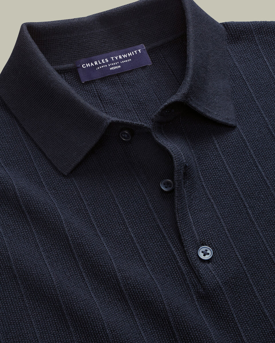 Cotton Stripe Texture Knitted Polo – Navy