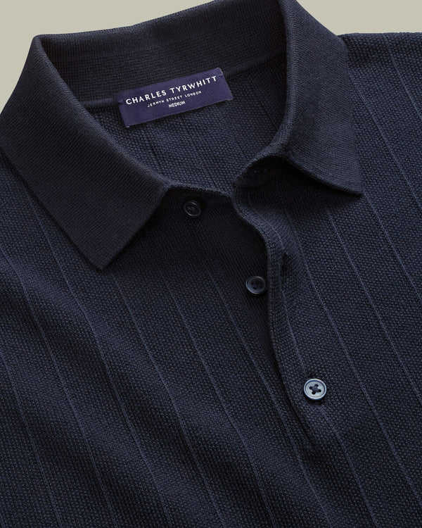Cotton Stripe Texture Knitted Polo – Navy