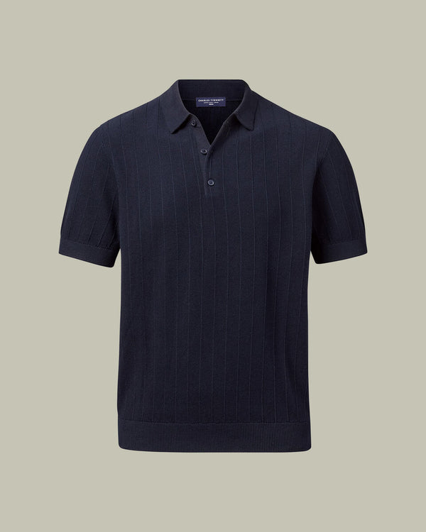 Cotton Stripe Texture Knitted Polo – Navy