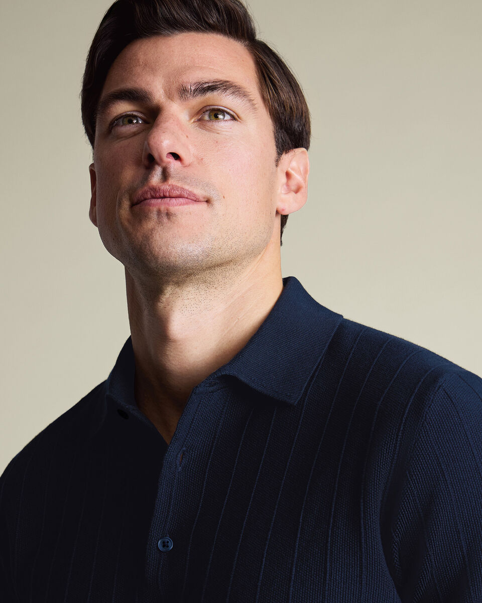 Cotton Stripe Texture Knitted Polo – Navy